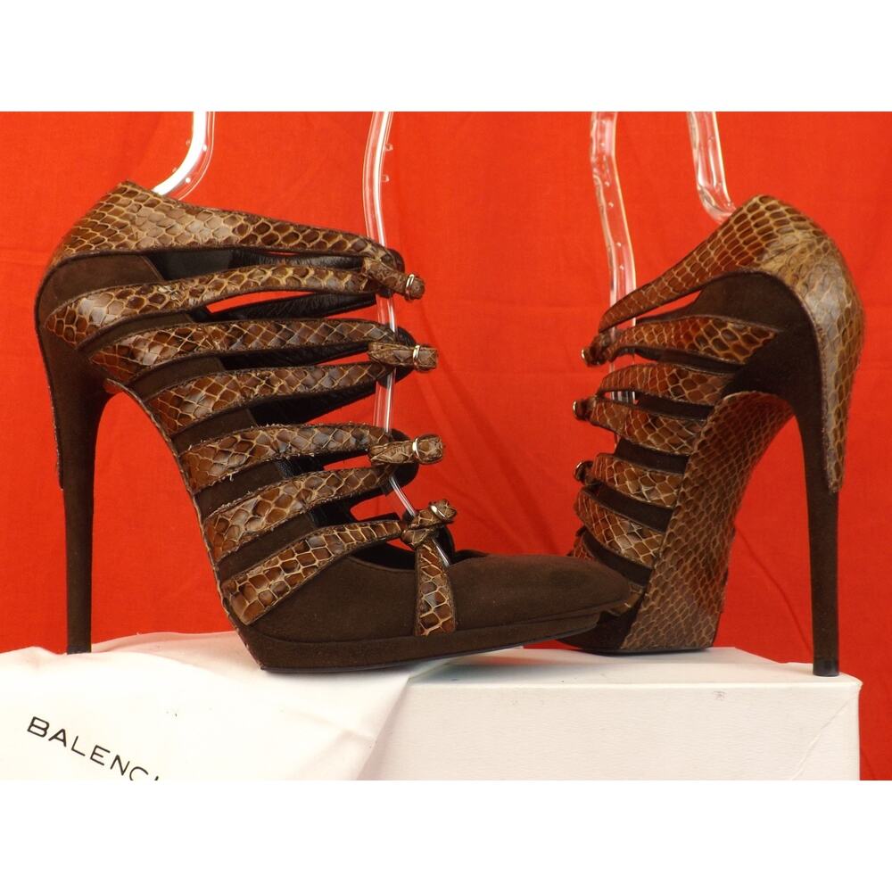 NIB BALENCIAGA BROWN SUEDE PYTHON LEATHER STRAPPY PLATFORM PUMPS 39 # 278417 - Picture 6 of 10